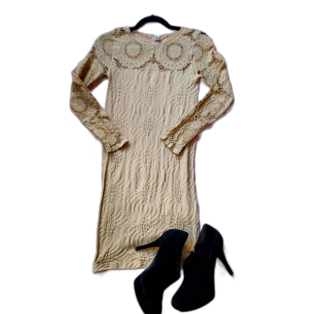 Beige Spandex BodyCon Long Sleeve Midi Dress Woven Lace Upper Y2k 1990's